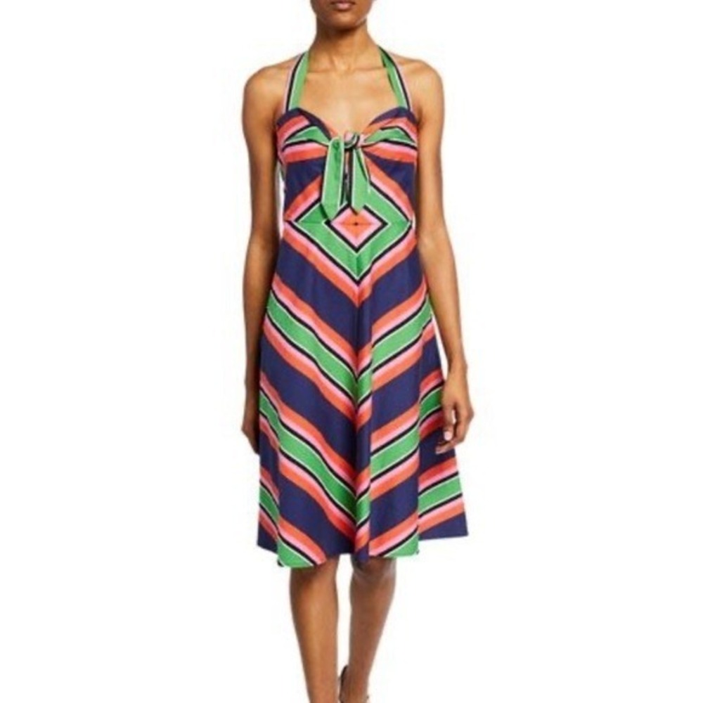 TRINA TURK Rhiannon Halter Neck Tie Front Geometric‎ Stripe Midi Dress Size 6